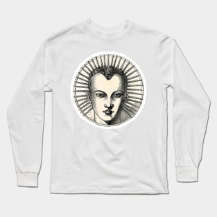 Face with stylized hair in a circular arrangement. Vintage drawing in black and white Long Sleeve T-Shirt